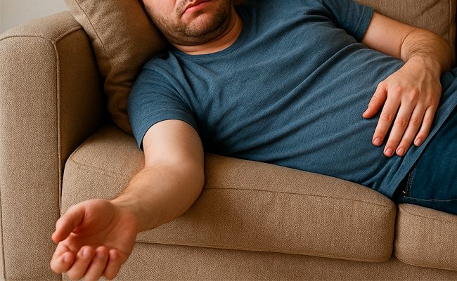 Мужчина лежит на диване Мужчина не может заставить себя встать с дивана