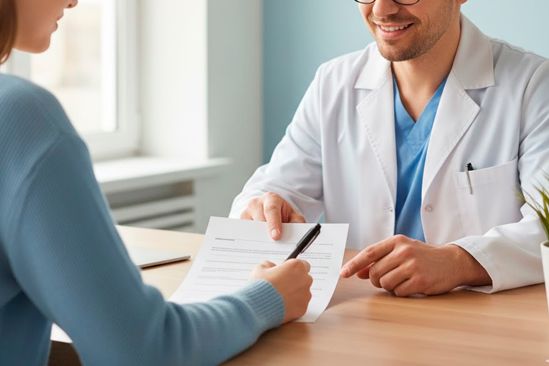 Женщина заполняет медицинский бланк Женщина проходит психологическое тестирование