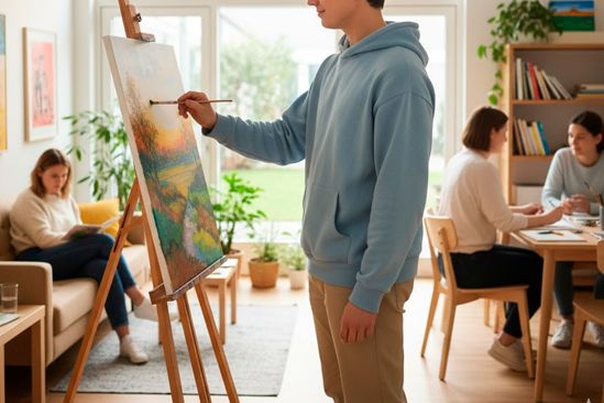 Мужчина пишет картину Мужчина проходит реабилитацию