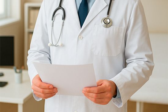 Врач стоит с листом бумаги Врач стоит с результатом обследования