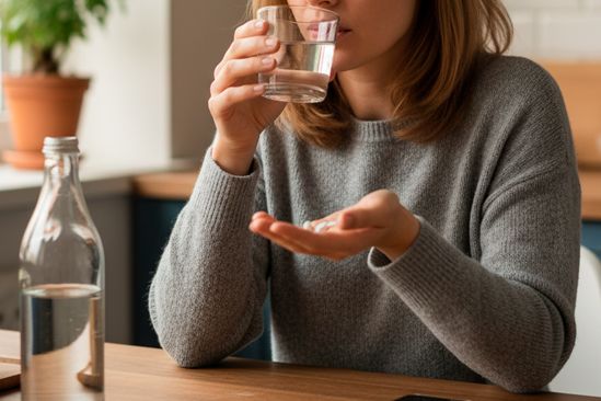 Женщина принимает таблетки Женщина принимает лекарства