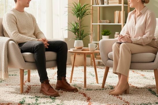 Мужчина на приеме у психотерапевта Мужчина общается с психотерапевтом