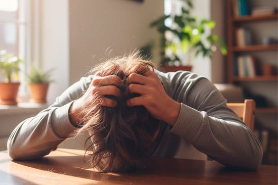 Женщина держится за голову Женщина рвет волосы на голове