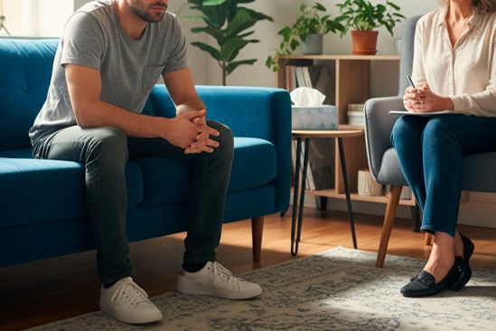 Мужчина на приеме у психотерапевта Мужчина общается с психотерапевтом